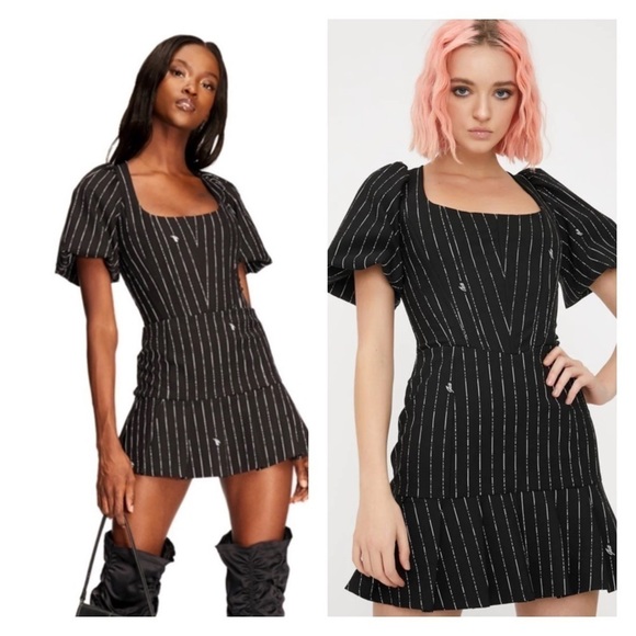 NWT I.AM.GIA Chelsey Mini Dress Black Pinstripe Puff Sleeve Corset Small Blogger - Picture 1 of 11